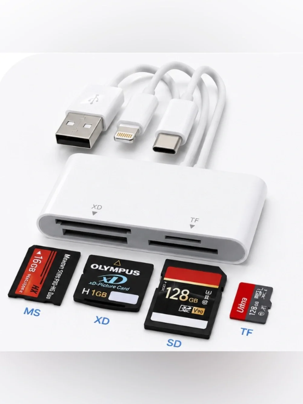 Multi-Card Reader with USB-A, Lightning & USB-C Cables - White